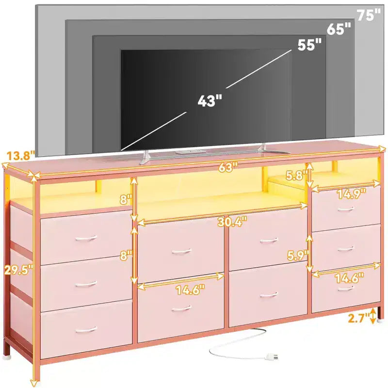 Commode 63,3 pouces pour chambre à coucher, commode TV en tissu à 10 tiroirs avec lumières LED et prises de courant, long meuble TV pour placard