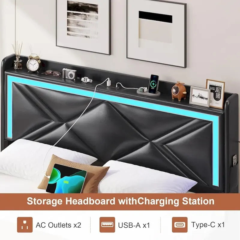 Cadre de lit avec lumières LED, tête de lit et station de charge USB-C/A, 4 tiroirs
