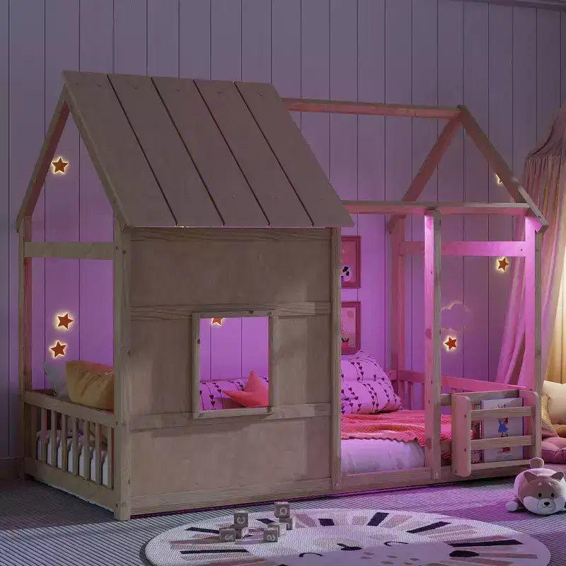 Cadre de lit au sol Whisen Twin Size, lit en forme de maison avec toit, clôture