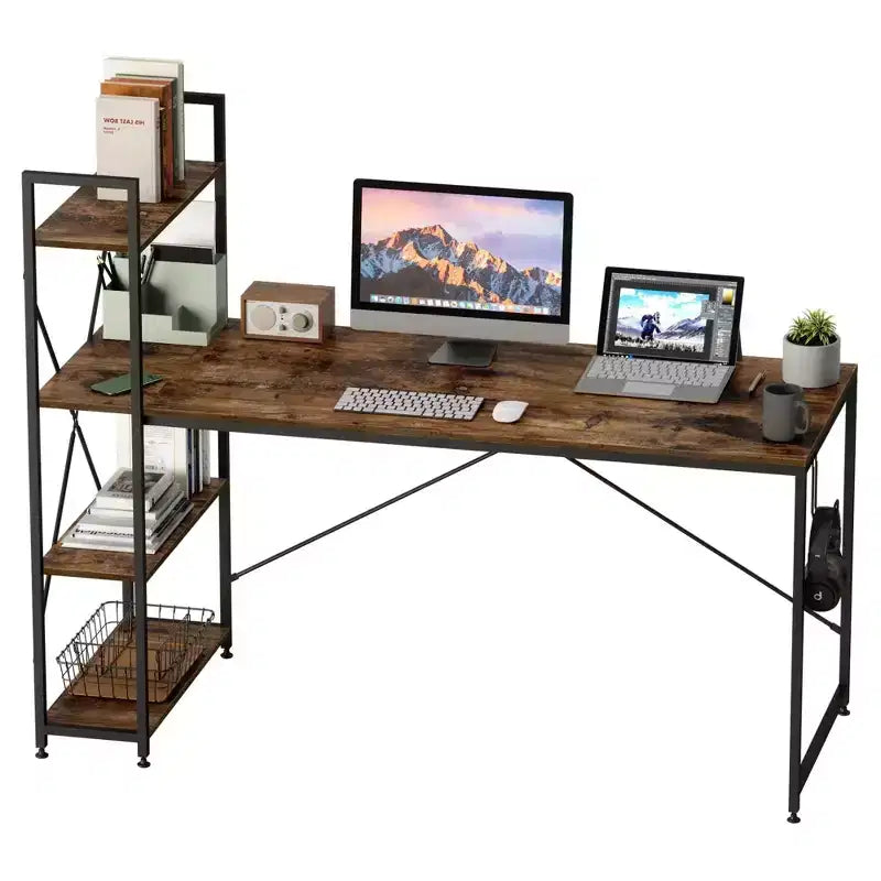 Bureau réversible de 47 pouces avec étagères de rangement pour la maison ou le bureau en marron rustique