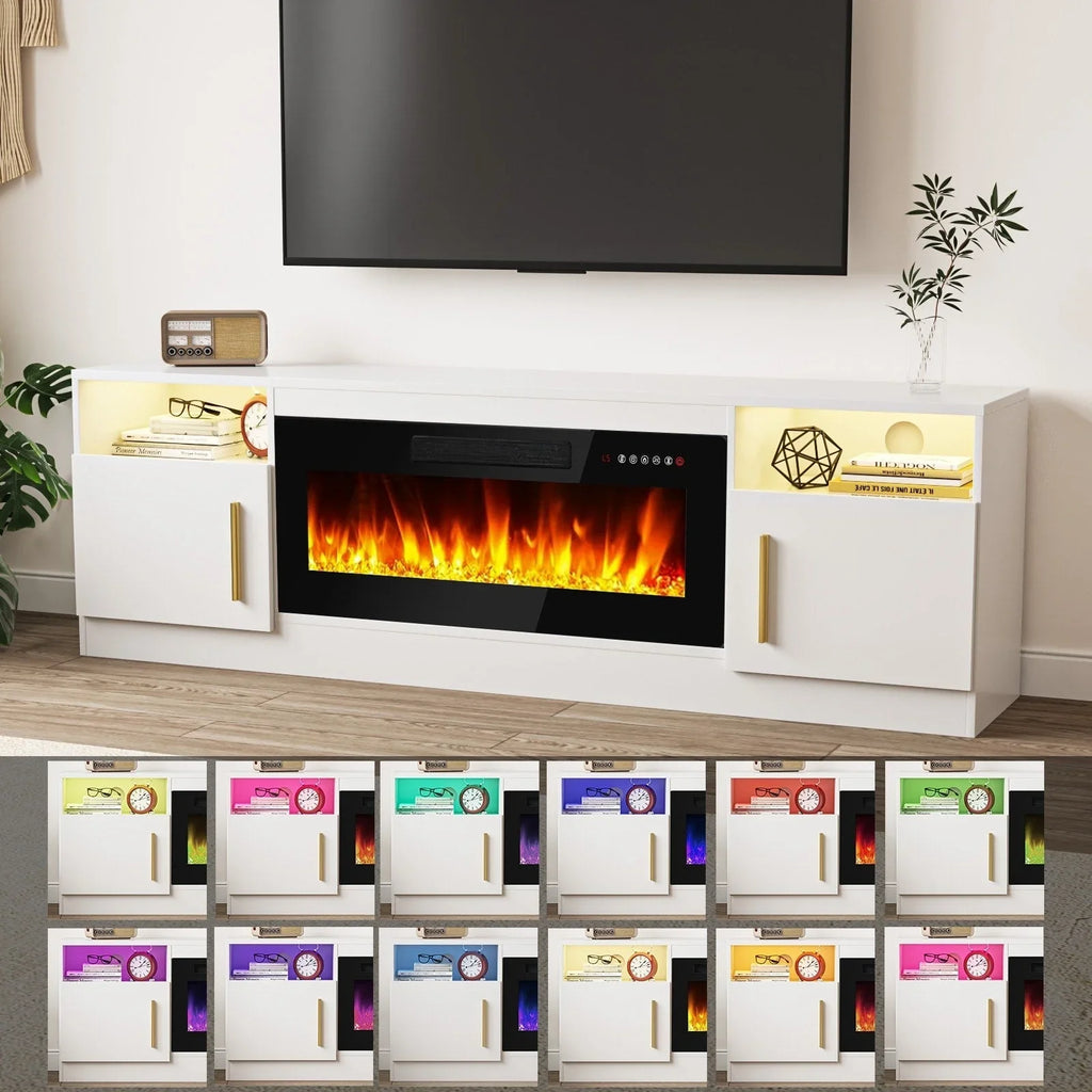 Meuble TV cheminée Bossin 70 avec cheminée électrique 36, meuble TV pour téléviseurs jusqu'à 80 pouces, lumières LED 16 couleurs/centre de divertissement