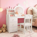 Coiffeuse de princesse en bois blanc avec miroir LED tactile 3 couleurs et chaise, tiroirs de rangement et étagères pour chambre de petites filles