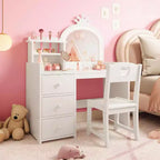 Coiffeuse de princesse en bois blanc avec miroir LED tactile 3 couleurs et chaise, tiroirs de rangement et étagères pour chambre de petites filles