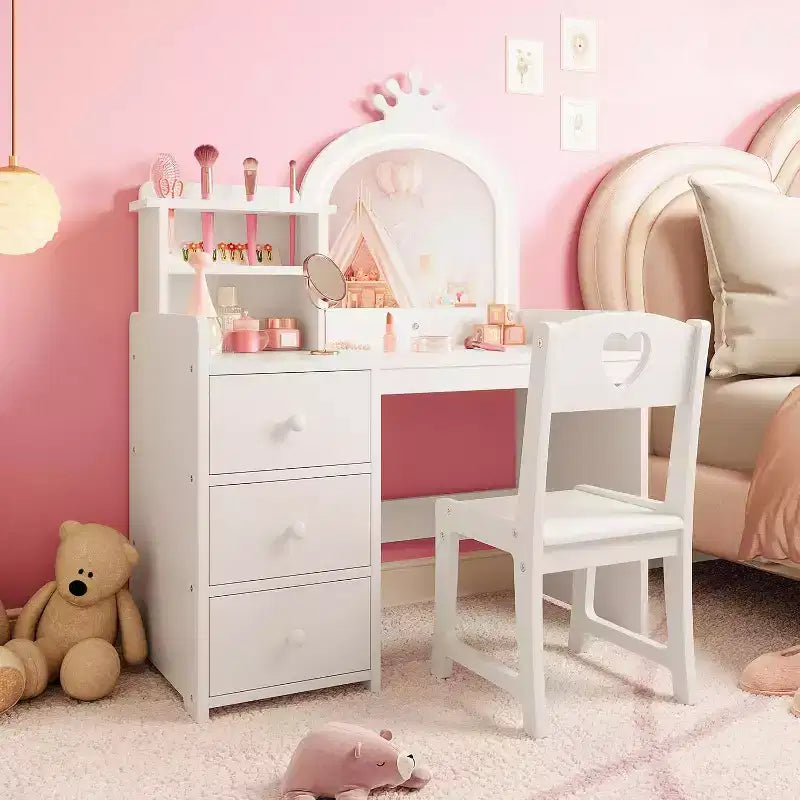 Coiffeuse de princesse en bois blanc avec miroir LED tactile 3 couleurs et chaise, tiroirs de rangement et étagères pour chambre de petites filles