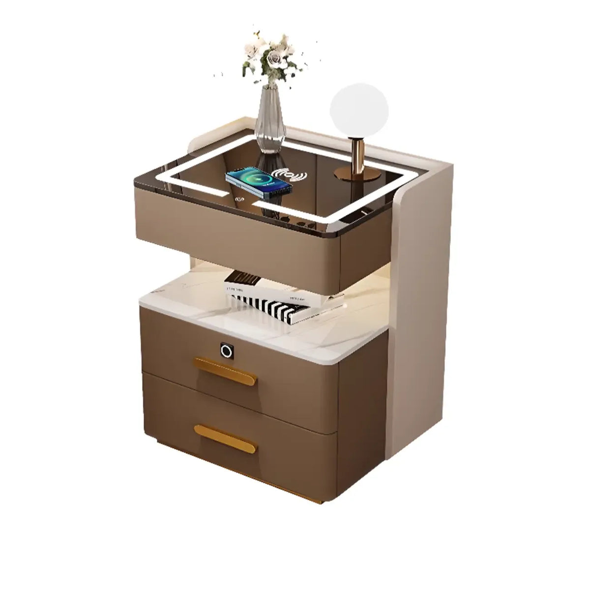 Table de chevet avec rangement à tiroirs, recharge sans fil et éclairage LED