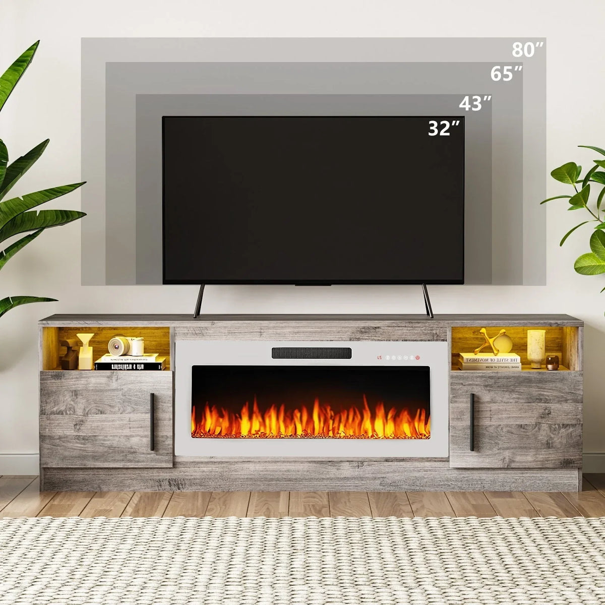 Meuble TV cheminée Bossin 70 avec cheminée électrique 36, meuble TV pour téléviseurs jusqu'à 80 pouces, lumières LED 16 couleurs/centre de divertissement