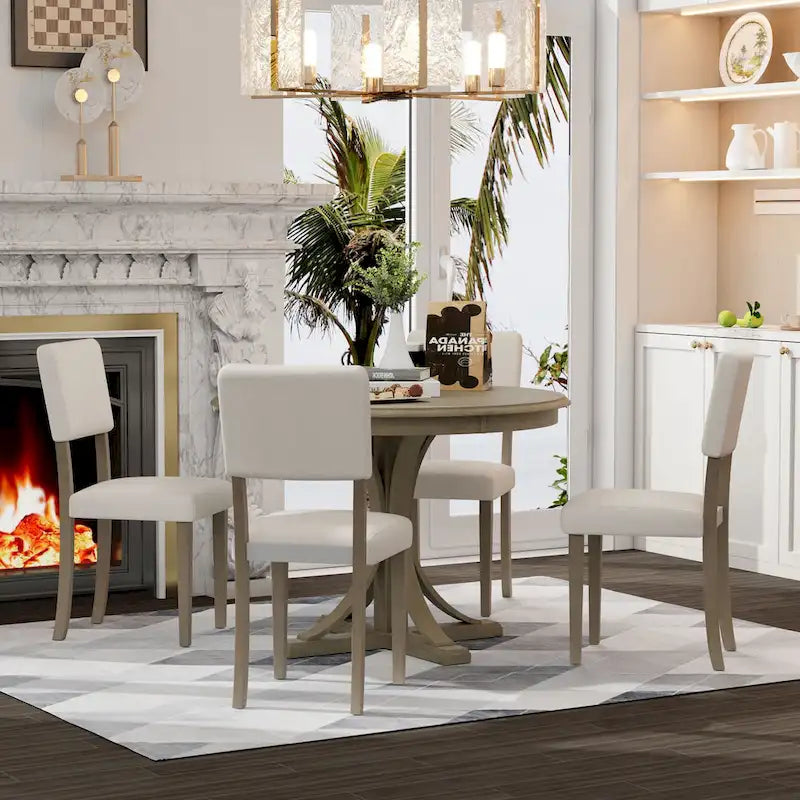 Ensemble de salle à manger 5 pièces en bois taupe rétro avec table à tréteaux courbés et 4 chaises
