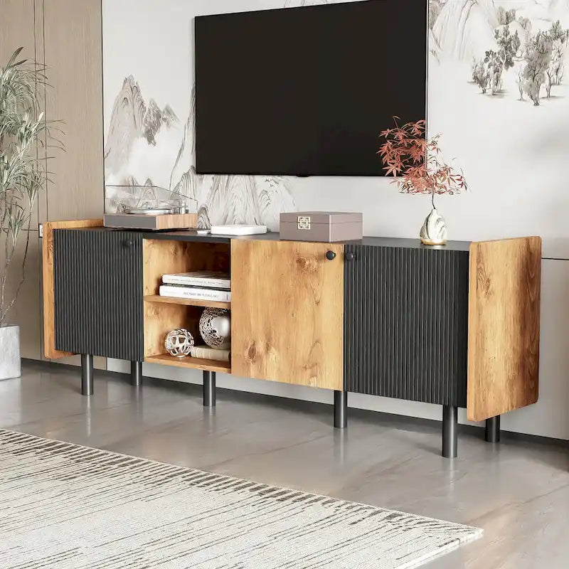 Meuble TV Mid-Century avec 3 armoires, console multimédia pour téléviseurs jusqu'à 70 pouces, centre de divertissement avec rangement