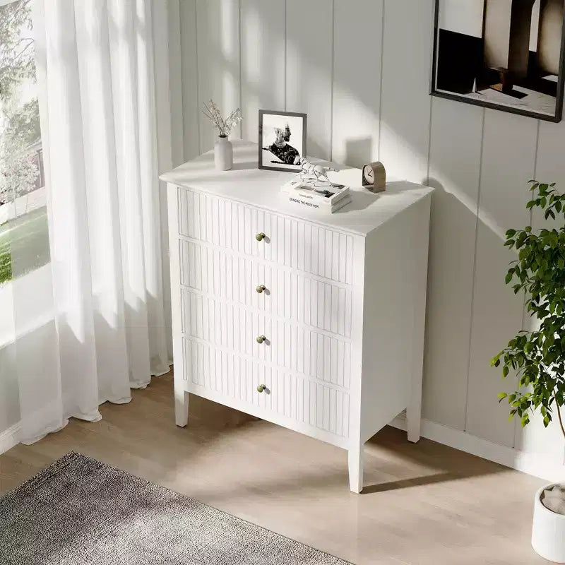 Heynemo Commode à 4 tiroirs cannelés, Commode en bois pour ranger les vêtements, Armoire de rangement en bois, Table de chevet pour Chambre, Couloir, Salon, Entrée