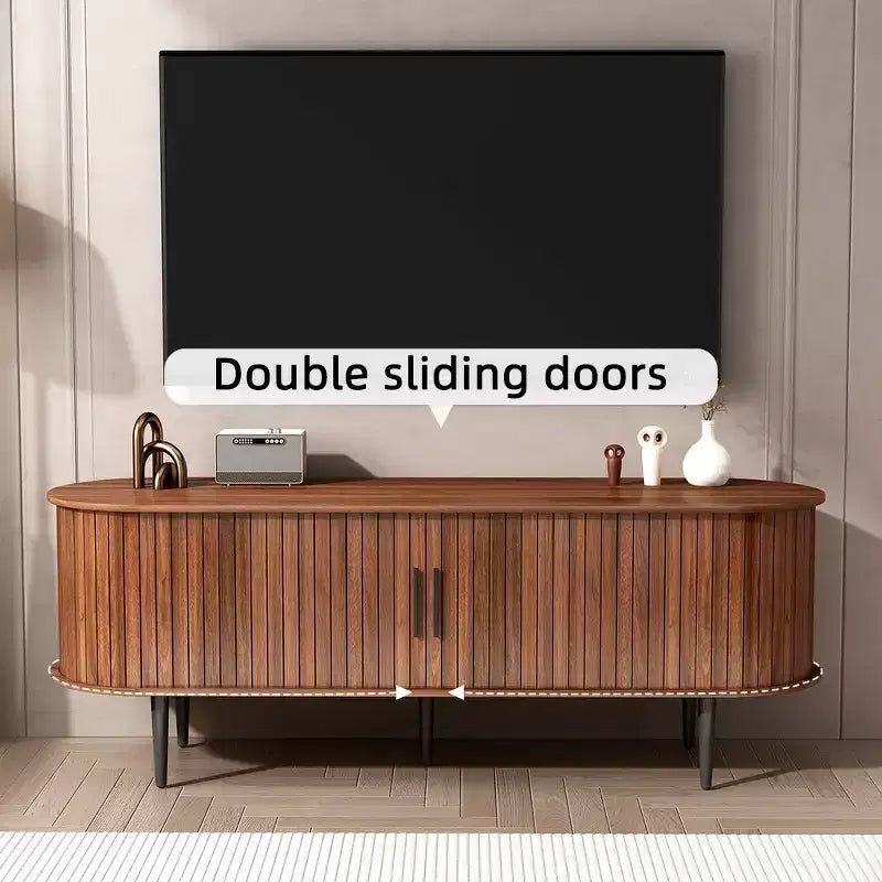 JVNOXK 55 Table de Console TV Moderne avec Compartiment de Rangement et Porte Coulissante - Meuble TV-Hifi Noyer pour Salon, Chambre, Bureau