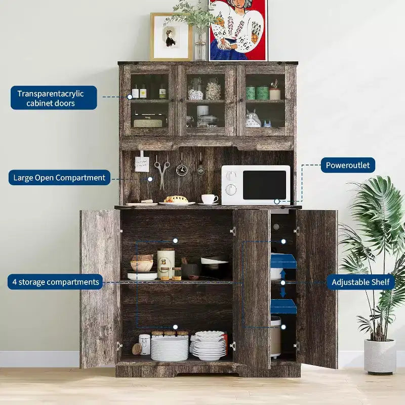 Armoire de cuisine haute de 71 po avec station de recharge, vaisselier de style rustique avec support à micro-ondes et comptoir ouvert pour salon ou salle à manger