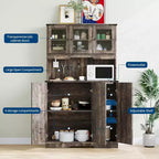 Armoire de cuisine haute de 71 po avec station de recharge, vaisselier de style rustique avec support à micro-ondes et comptoir ouvert pour salon ou salle à manger