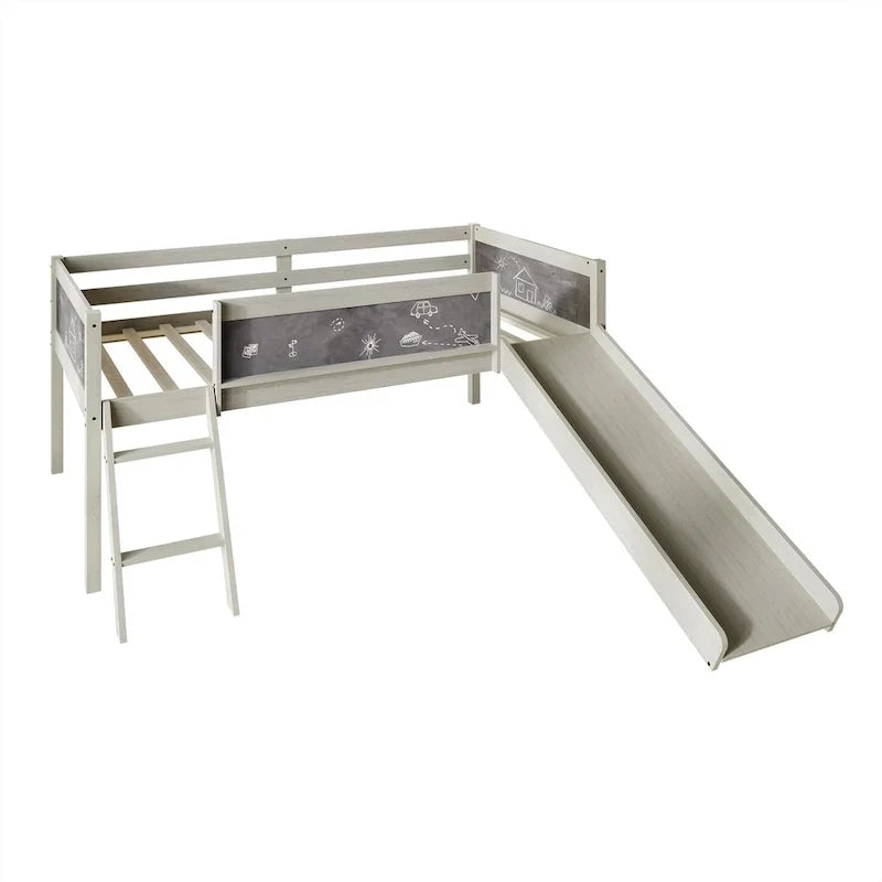 Lit mezzanine bas classique double CraftPorch avec tableau noir, toboggan et échelle