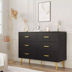 Commode moderne à 6 tiroirs avec espace de rangement, commode en bois avec poignées dorées, commode avec tiroirs profonds pour chambre à coucher, salon, bureau