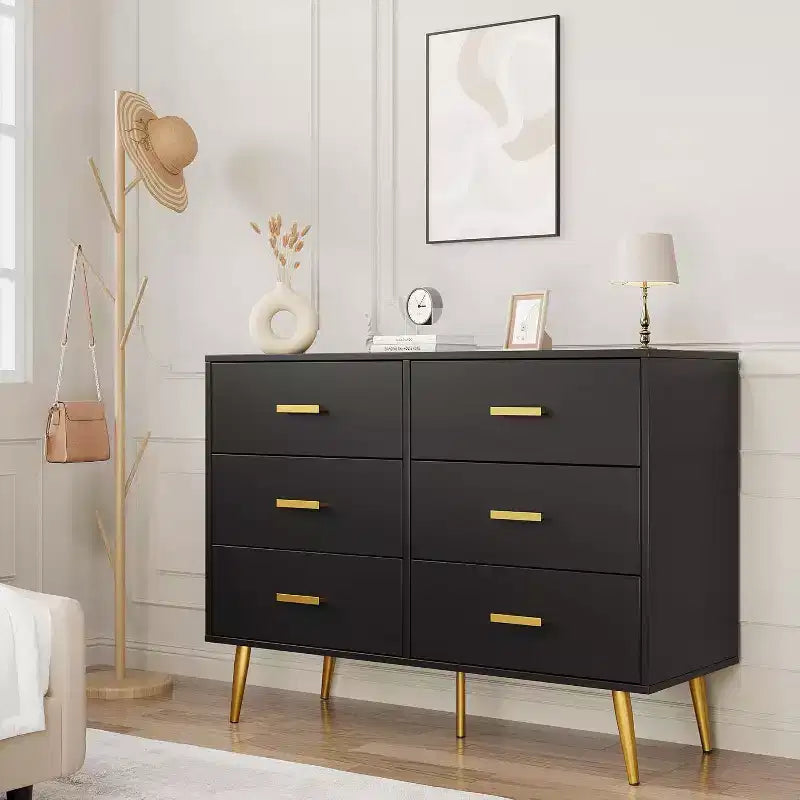 Commode moderne à 6 tiroirs avec espace de rangement, commode en bois avec poignées dorées, commode avec tiroirs profonds pour chambre à coucher, salon, bureau
