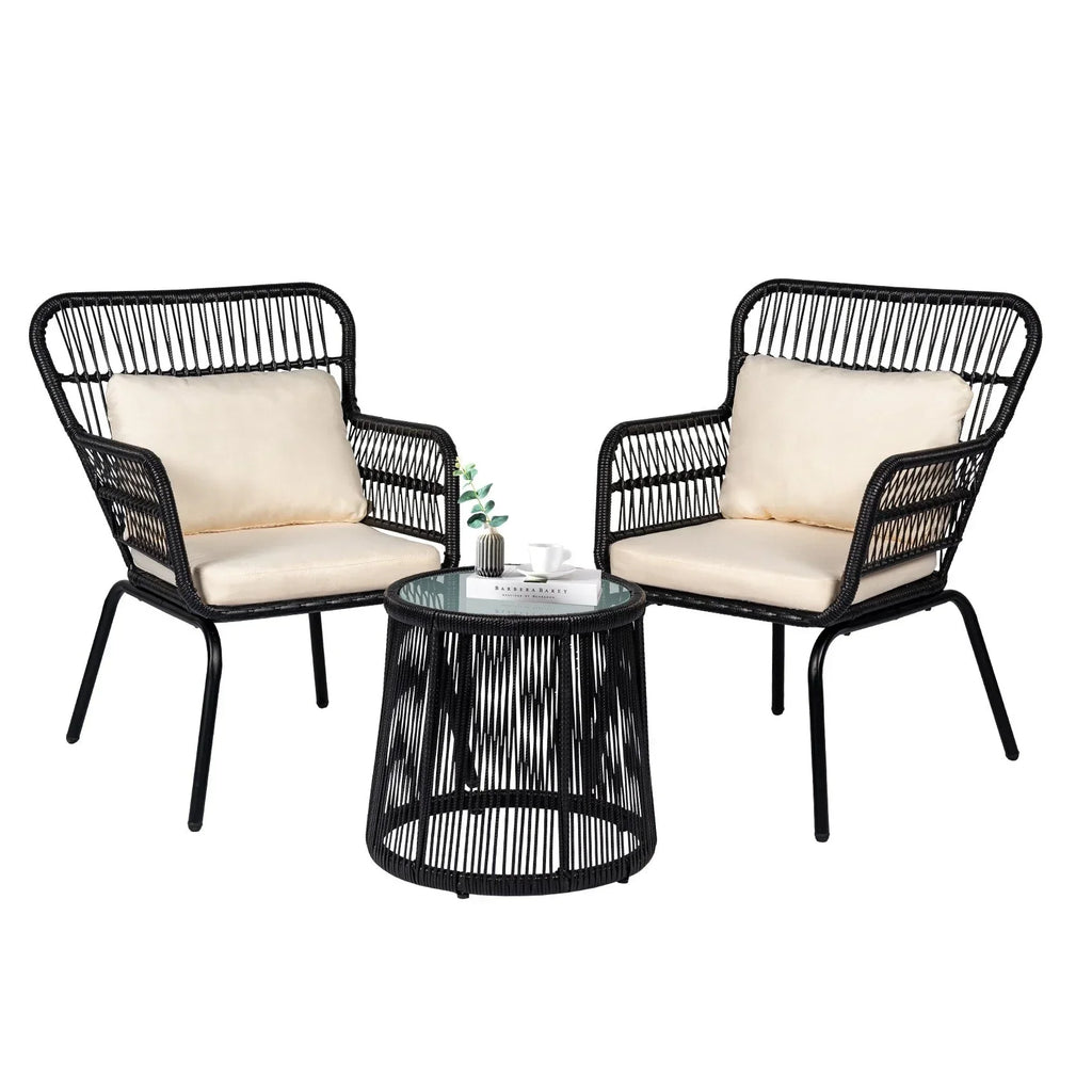 Ensemble bistrot 3 pièces en osier pour conversation, salon de jardin en rotin résistant aux intempéries avec coussins