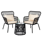 Ensemble bistrot 3 pièces en osier pour conversation, salon de jardin en rotin résistant aux intempéries avec coussins
