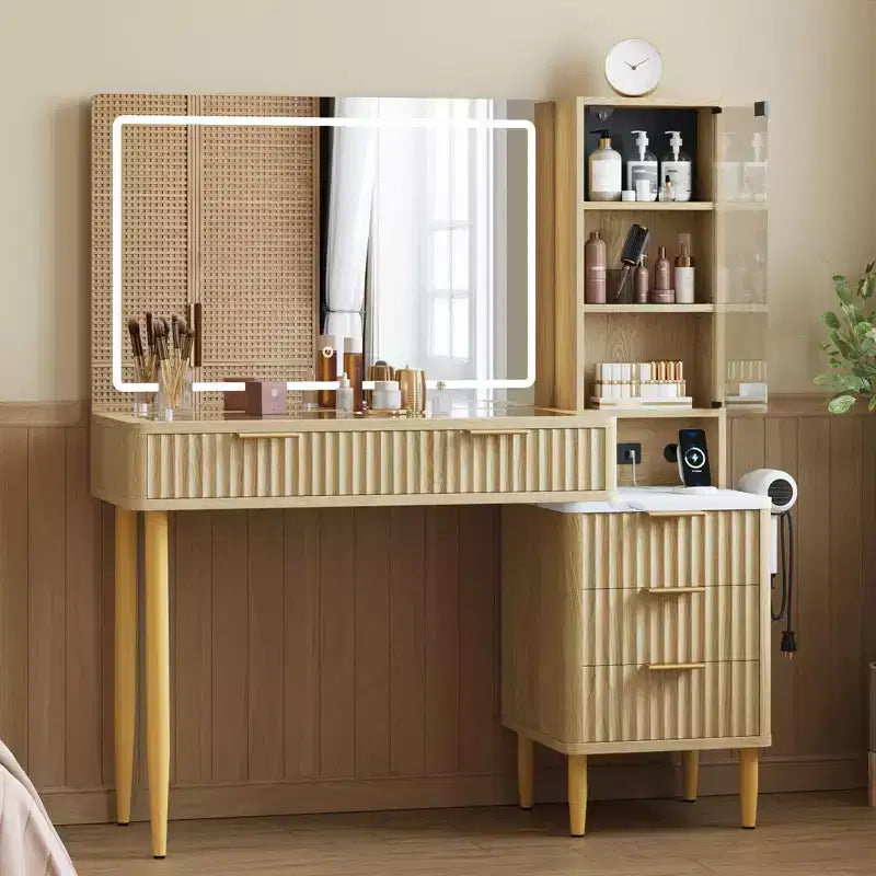 Coiffeuse LED en panneaux de particules avec motif ondulé, MDF durable, design moderne, éclairage LED intégré, grand espace de rangement