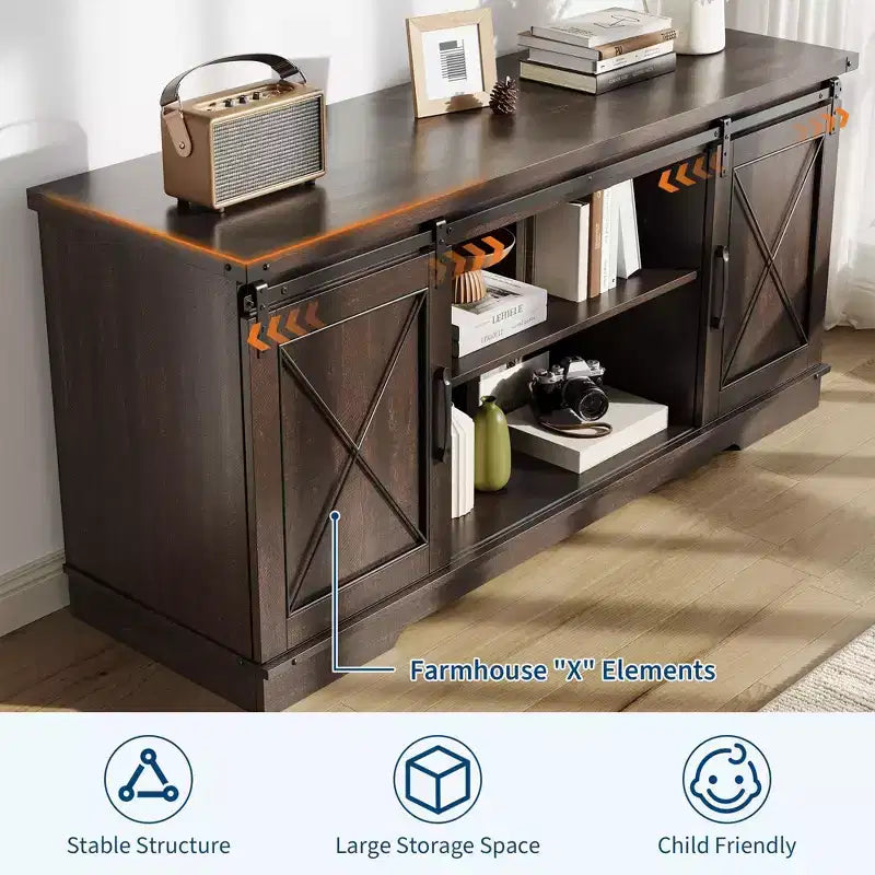 Meuble TV de style rustique pour téléviseurs jusqu'à 65 pouces, meuble de rangement avec portes coulissantes de grange, placards de rangement en bois et étagère réglable
