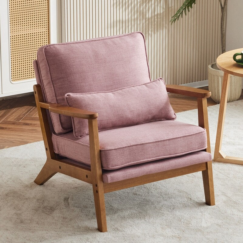 Fauteuil d'appoint rembourré en mélange de lin avec pieds en bois et un oreiller beige