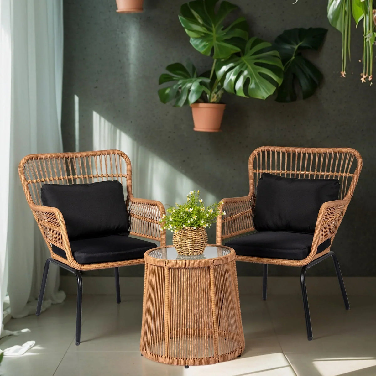 Ensemble bistrot 3 pièces en osier pour conversation, salon de jardin en rotin résistant aux intempéries avec coussins