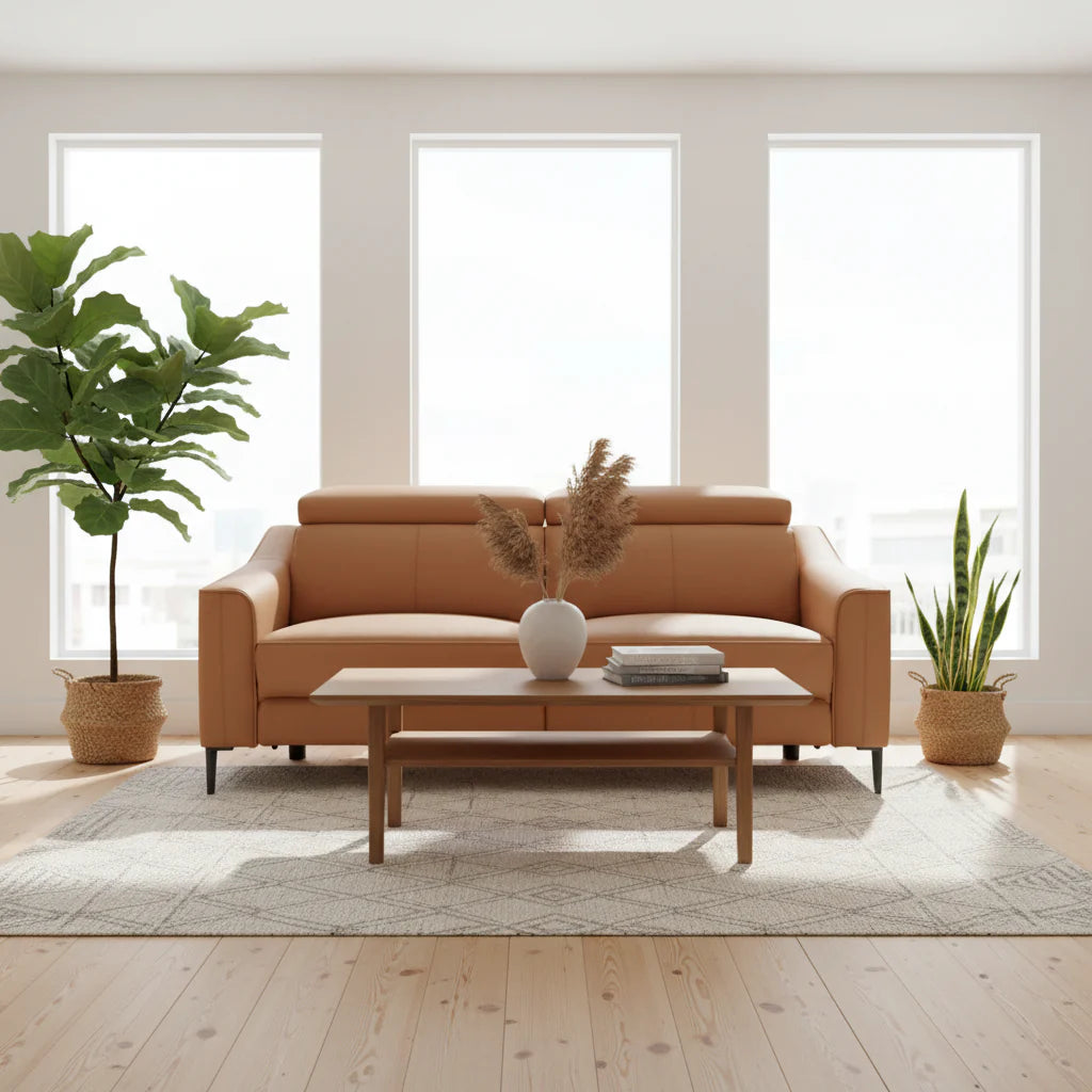 Canapé moderne en cuir couleur camel avec 2 sièges inclinables