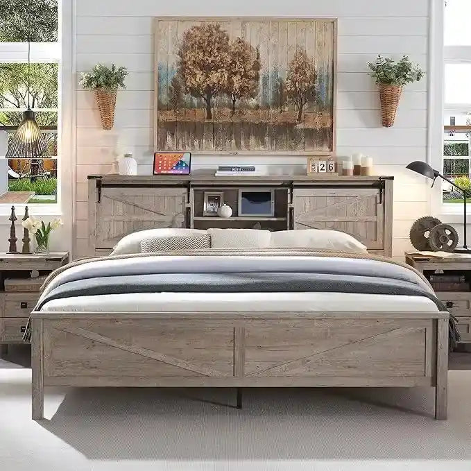 Lit queen size de style campagnard avec étagères de rangement et station de charge