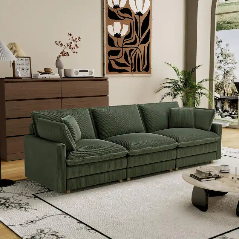 Canapé 4 places classique moderne en velours côtelé 103 avec assise profonde et 4 coussins