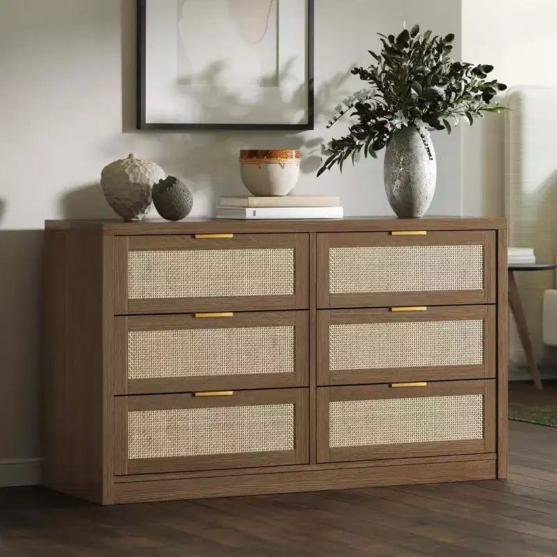 Commode à 6 tiroirs GustoWave pour chambre à coucher, commode en rotin de 133,8 cm de large, en bois avec poignées dorées, meuble TV de style ferme, table d'entrée, chiffonnier