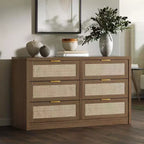 Commode à 6 tiroirs GustoWave pour chambre à coucher, commode en rotin de 133,8 cm de large, en bois avec poignées dorées, meuble TV de style ferme, table d'entrée, chiffonnier