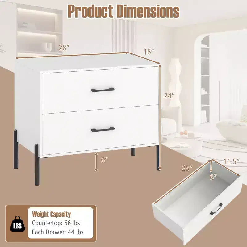 Commode à 2 tiroirs Costway avec pieds et poignées en métal, tiroirs et kits anti-basculement pour placard