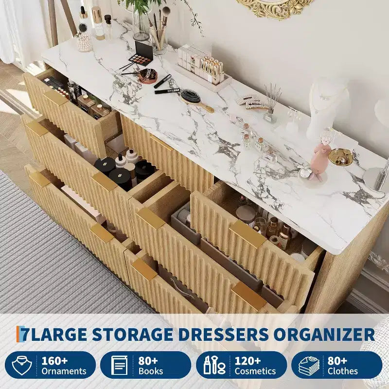 Commode moderne cannelée à 7 tiroirs, meuble de rangement de style Mid-century, organiseur de rangement en bois pour chambre à coucher, salon
