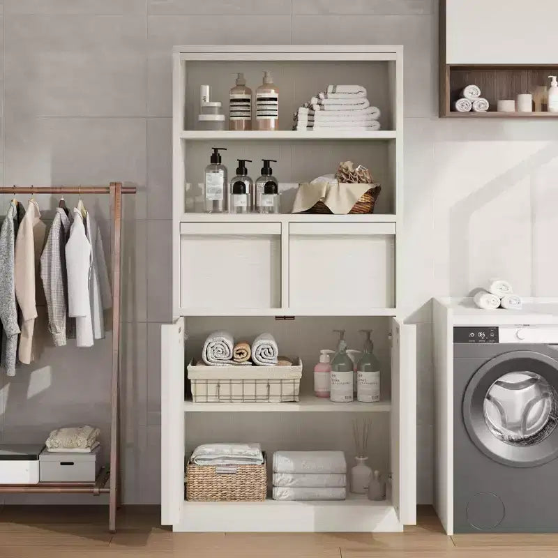 Meuble de Rangement Salle de Bain Haut de 129 cm, Meuble Bas Autonome avec 2 Tiroirs, Meuble de Rangement pour Salon Cuisine Salle de Bain