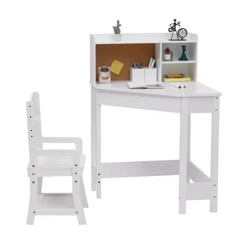 Ensemble bureau et chaise pour enfants, table d'étude d'angle en bois avec étagère, tableau d'affichage et porte-stylo, table d'écriture pour garçons et filles, blanc