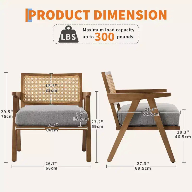 Fauteuil d'appoint de ferme du milieu du siècle - Fauteuil en bois avec dossier en rotin et coussin en lin pour salon, chambre