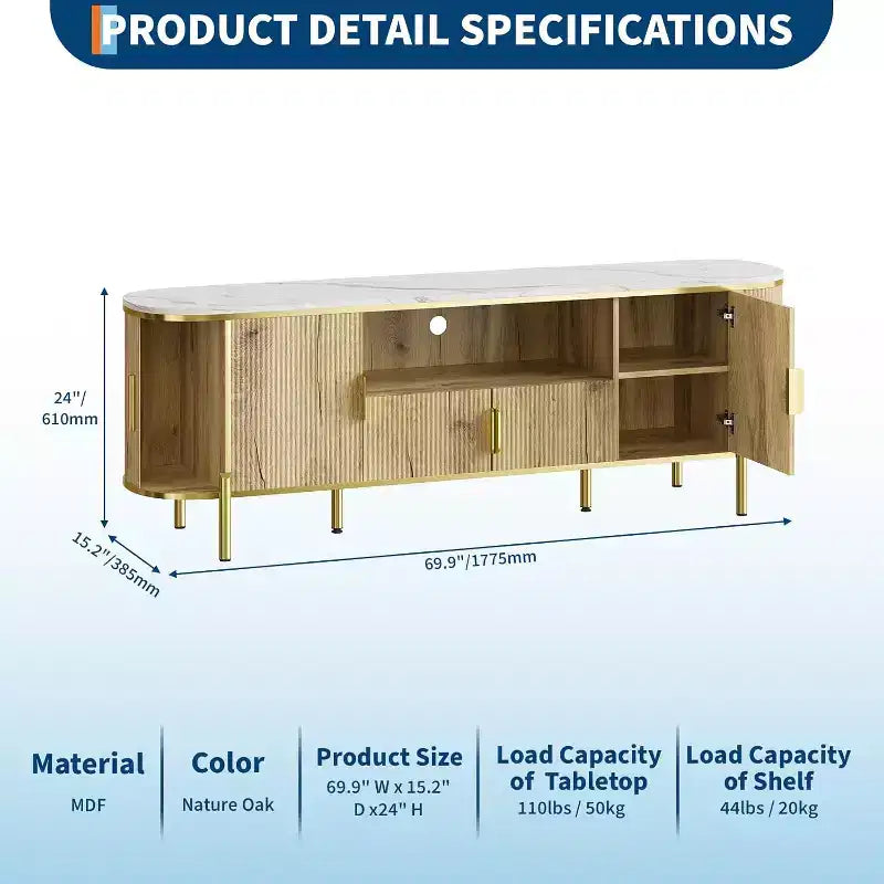 Meuble TV cannelé COZONY de 178 cm pour téléviseurs jusqu'à 80 pouces, console multimédia avec plateau en faux marbre et portes coulissantes