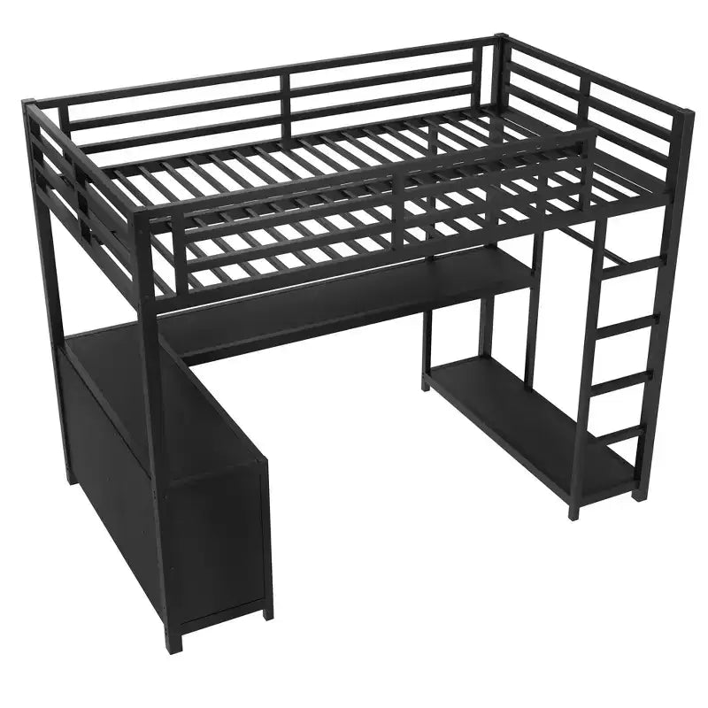 Lit mezzanine en métal Queen Bellemave avec bureau en L et armoire, lit mezzanine peu encombrant avec étagères de rangement et garde-corps, noir
