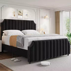 Cadre de lit en velours, tête et pied de lit matelassés à rayures verticales avec rivets, lit plateforme rembourré, lattes en bois robustes