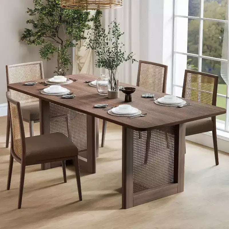 PexFix Table de salle à manger de cuisine rustique 67 x 33,5 pouces - Table de cuisine carrée en noyer avec pieds en rotin tressé pour cuisine, bar, salon