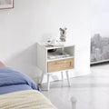Table d'appoint en rotin de 39,9 cm avec prise de courant et ports USB, table de chevet moderne avec tiroir et pieds en bois massif, table d'appoint pour salon, chambre à coucher, blanc