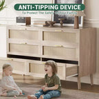 Commode en rotin naturel Garvee avec poignées dorées, commode de rangement en bois de style ferme avec 5 pieds solides pour salon, chambre et entrée, chêne