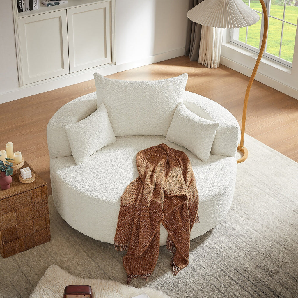 Fauteuil baril accent en chenille, Fauteuil de salon, Fauteuil rond avec base pivotante à 360 degrés et 3 coussins amovibles
