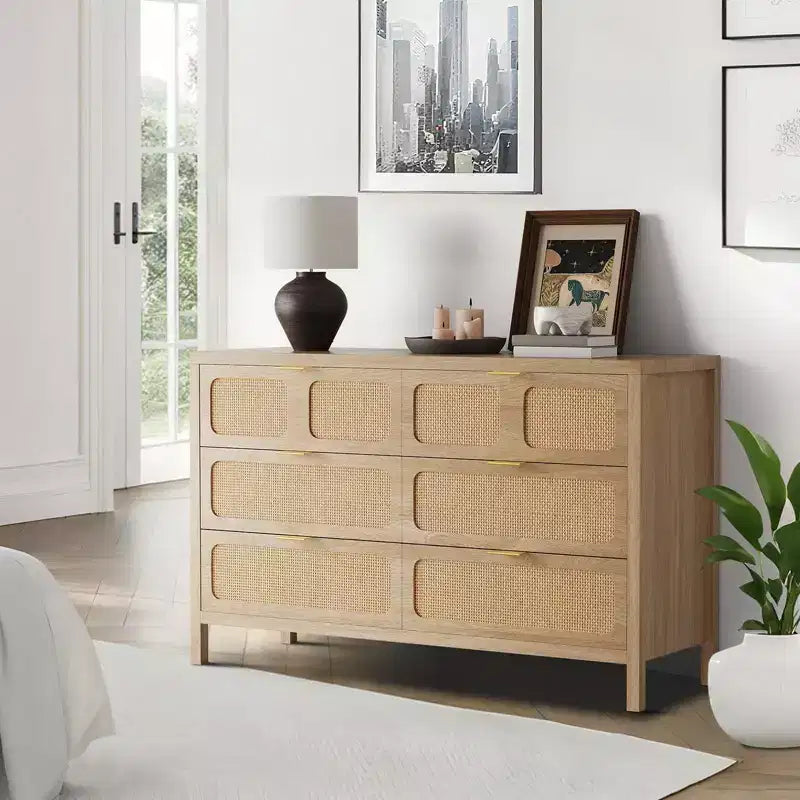 Commode à 6 tiroirs en rotin, poignées en métal, pieds en bois, style bohème et ferme, rangement chêne pour chambre, salon, couloir, entrée
