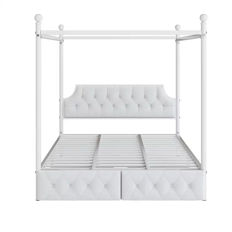 Lit plate-forme à baldaquin moderne en métal taille Queen Luxystar avec tête de lit rembourrée et 2 tiroirs, blanc