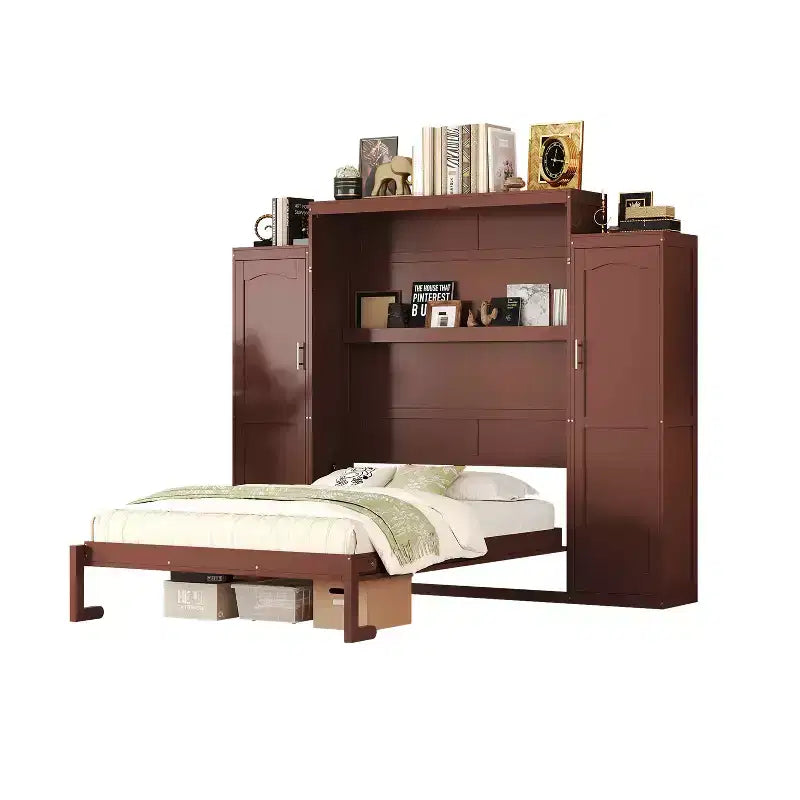 Lit escamotable MAYEERTY Queen Size avec 2 armoires et étagère de rangement, Cadre de lit multifonctionnel pliable pour chambre à coucher, Noyer