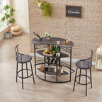 Table de bar industrielle ovale VECELO, table haute à 3 niveaux avec casier à vin et porte-verres, meuble de bar d'angle avec repose-pieds Marron/Gris/Chêne