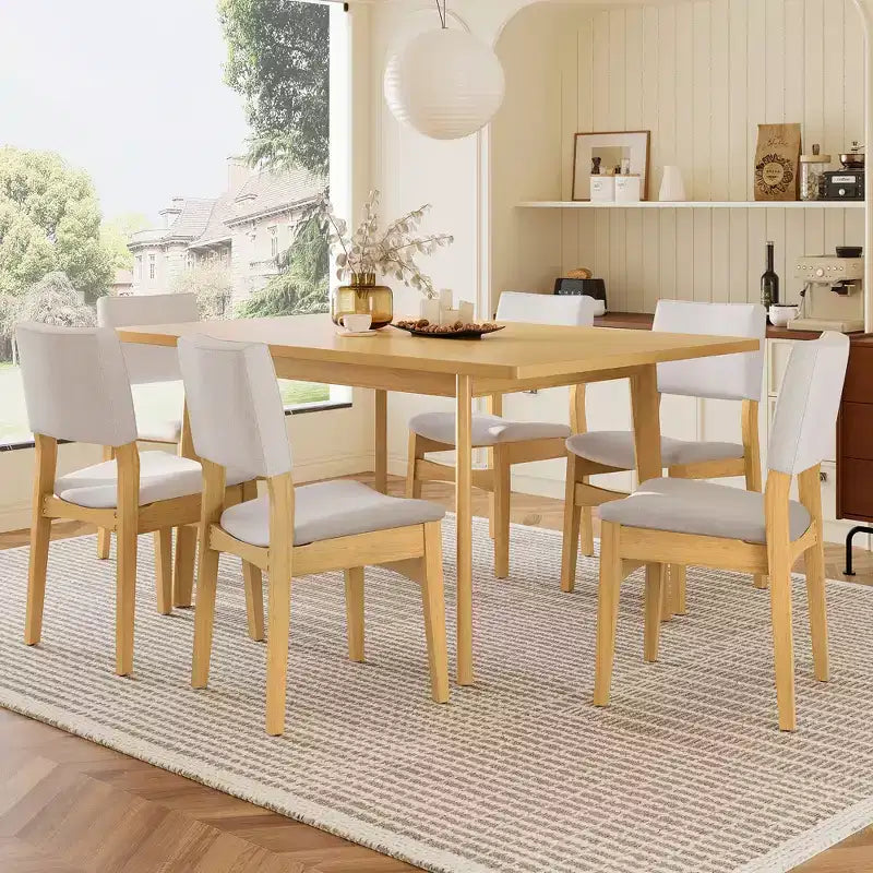 Ensemble de salle à manger moderne 7 pièces avec table en bois massif de 152 cm et 6 chaises empilables
