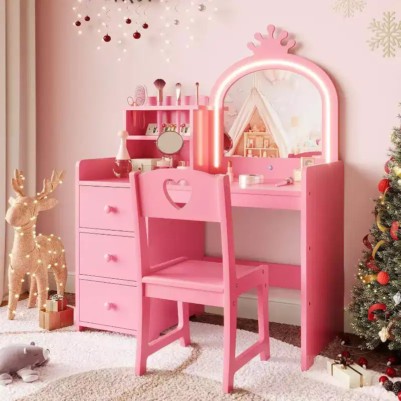 Coiffeuse avec miroir et lumières pour petites filles, ensemble de coiffeuse avec tiroirs et étagères de rangement ouvertes, table de toilette en bois pour chambre à coucher