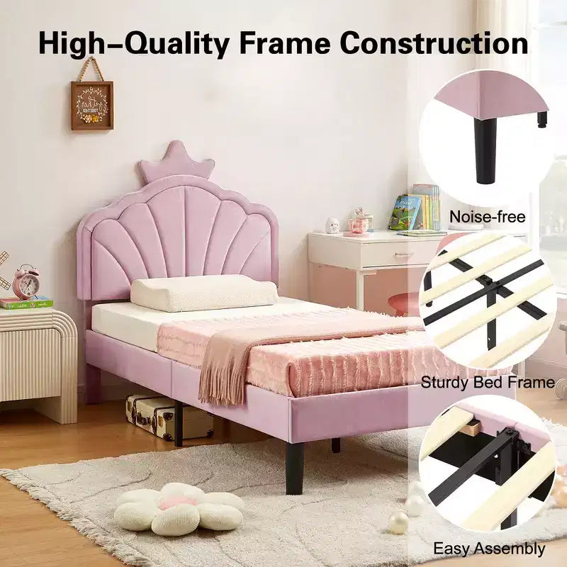 Cadre de lit enfant capitonné VECELO en forme de couronne, lit plateforme en bois avec tête de lit réglable, pas besoin de sommier tapissier