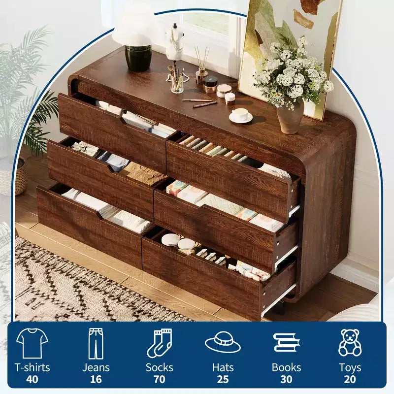 Commode à 6 tiroirs pour chambre à coucher, commode en bois moderne de 120 cm de large avec grand espace de rangement en bois, commode pour salon, couloir
